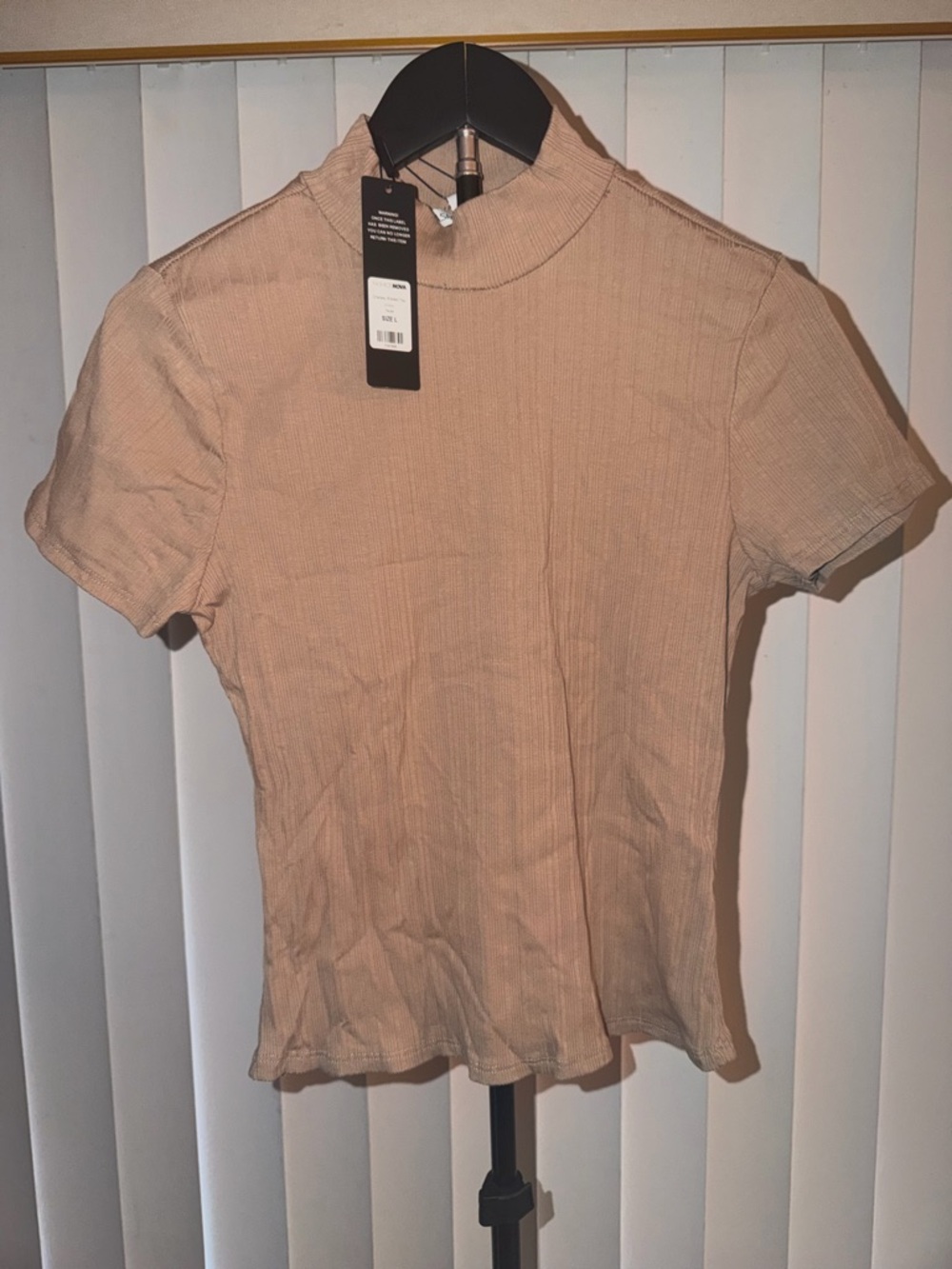 Fashion Nova Ribbed Mock Neck Short Sleeve Top in Beige